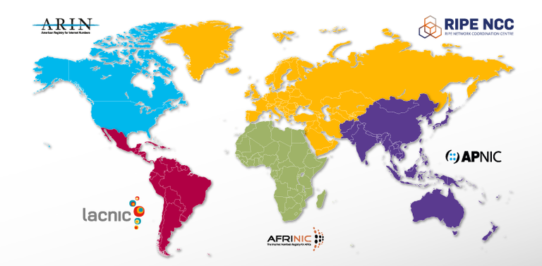 Overzicht van de verschillende RIRs en hun geografisch gebied.